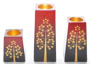 Kerzenhalter fr Teelicht, rote Keramik mit Bodhi Baum 3\' er Set